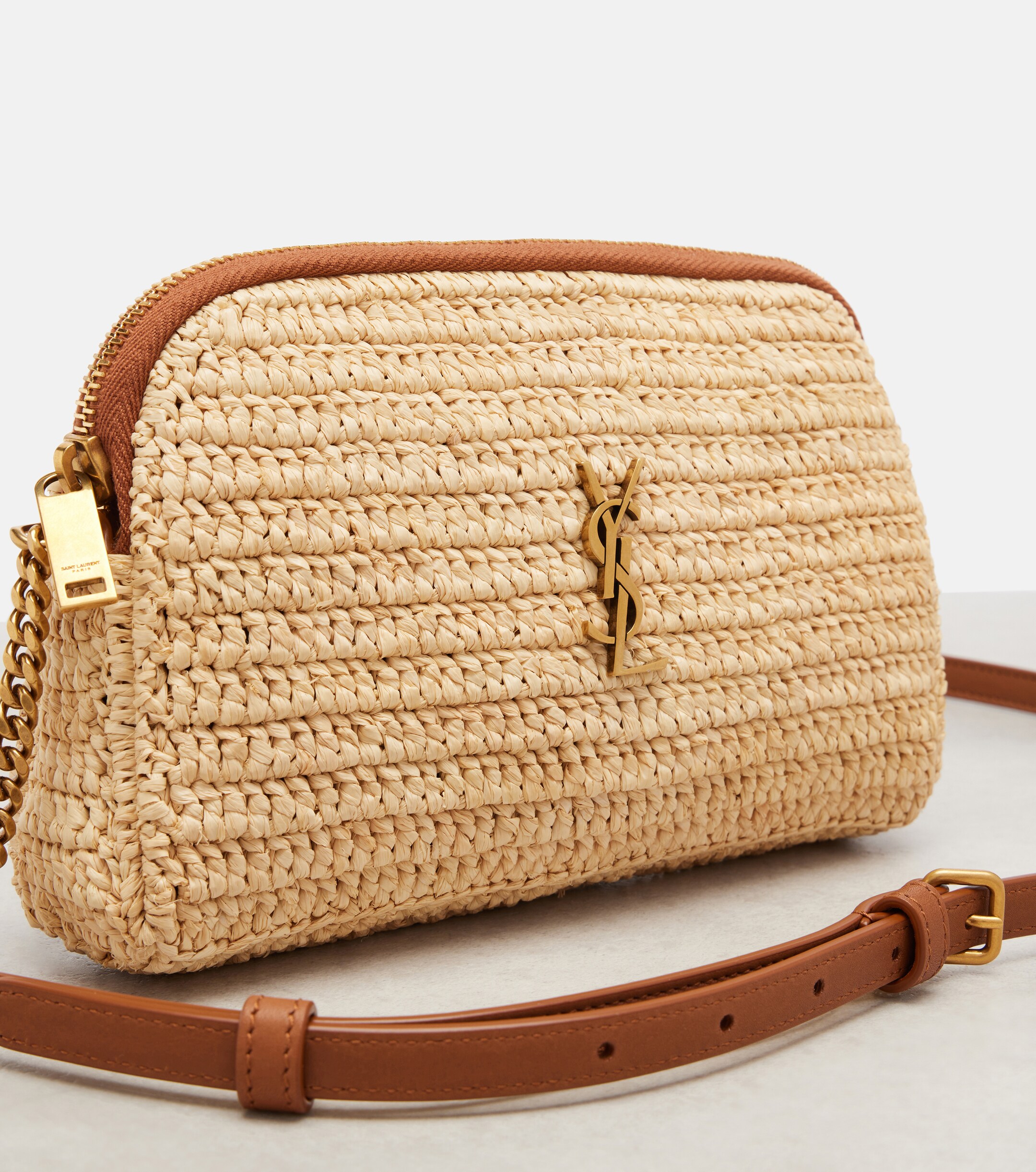 Saint Laurent Gaby leather-trimmed raffia shoulder bag