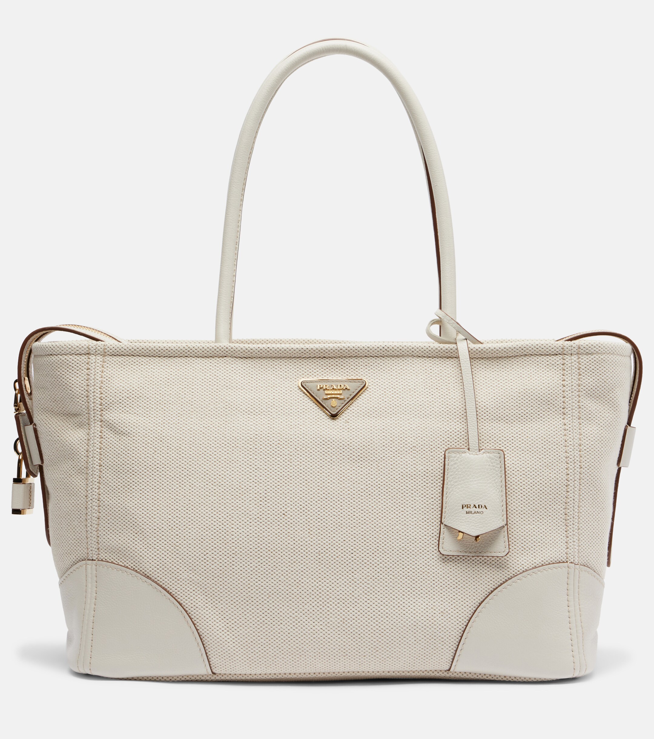 Prada Large leather-trimmed canvas tote bag