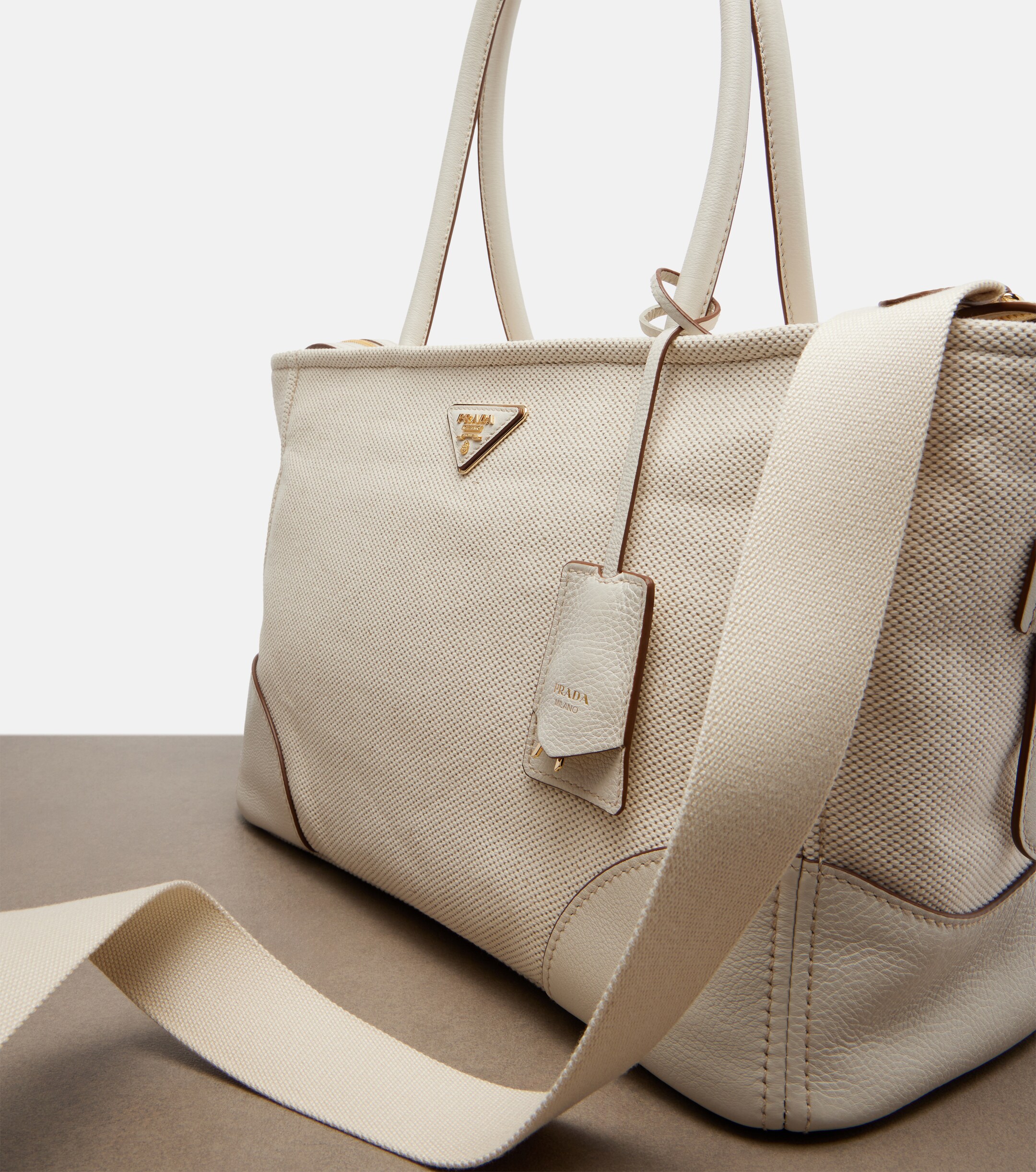Prada Large leather-trimmed canvas tote bag