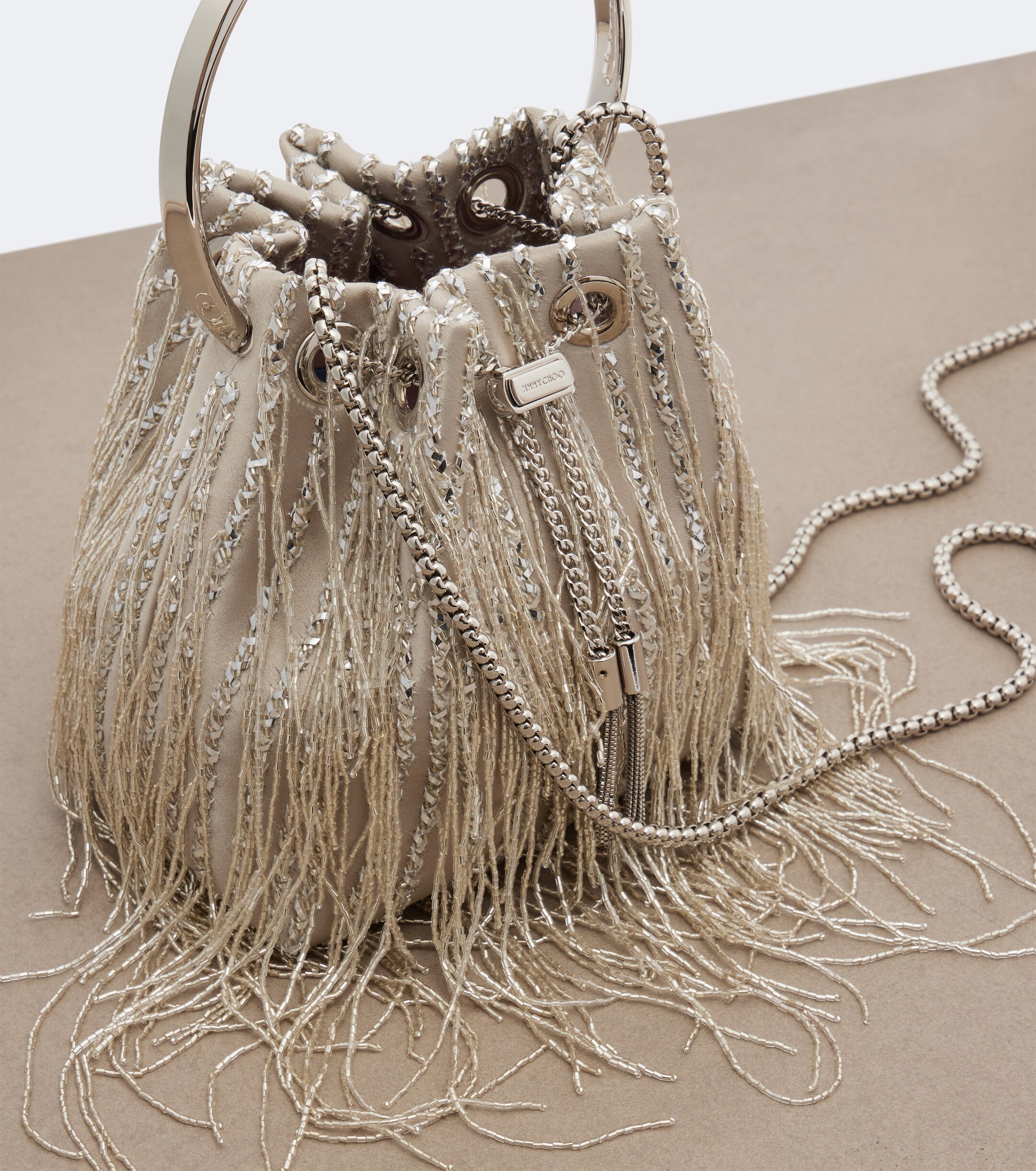 JIMMY CHOO Bon Bon embellished satin bucket bag