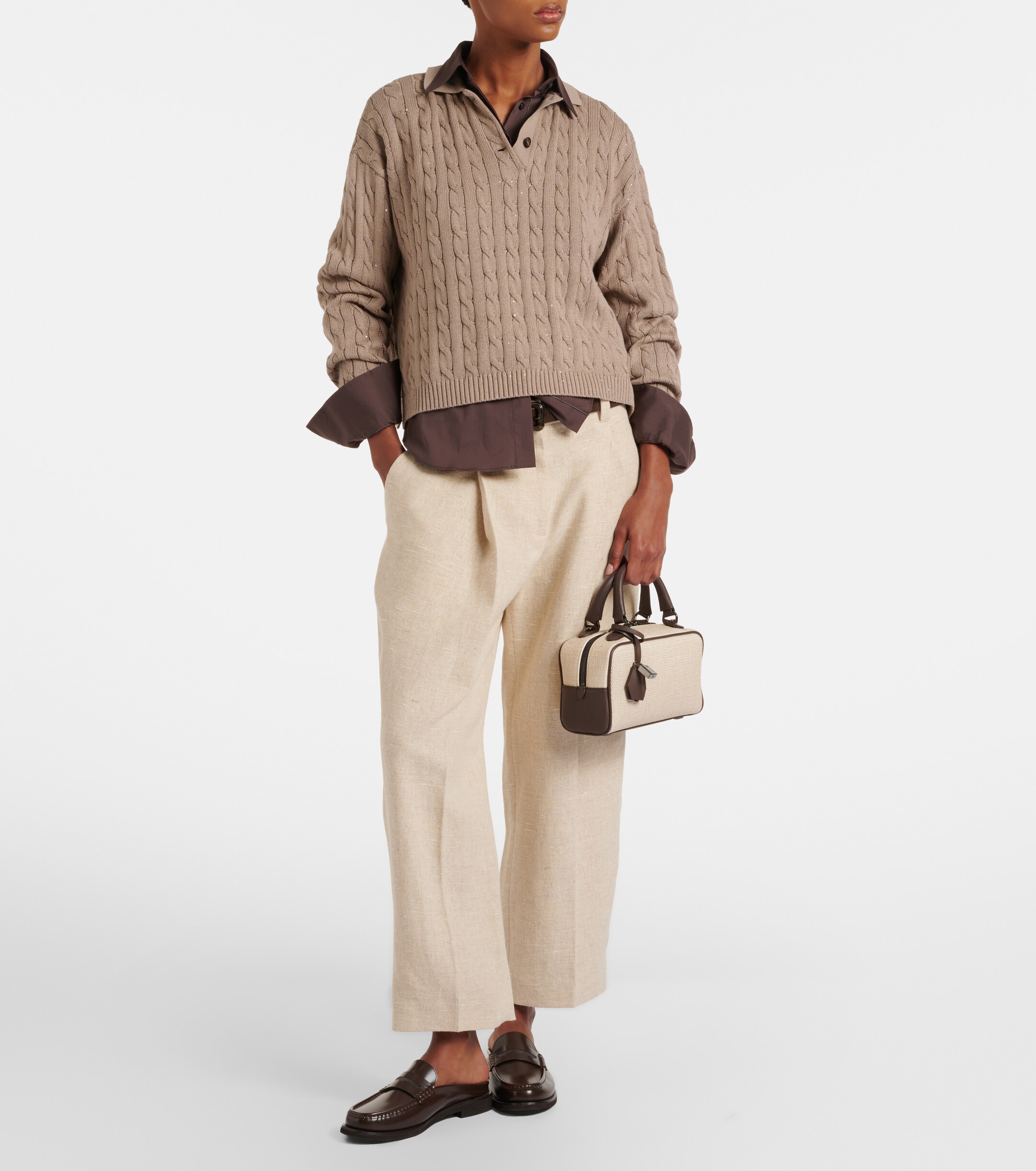 Brunello Cucinelli Leather-trimmed top-handle bag