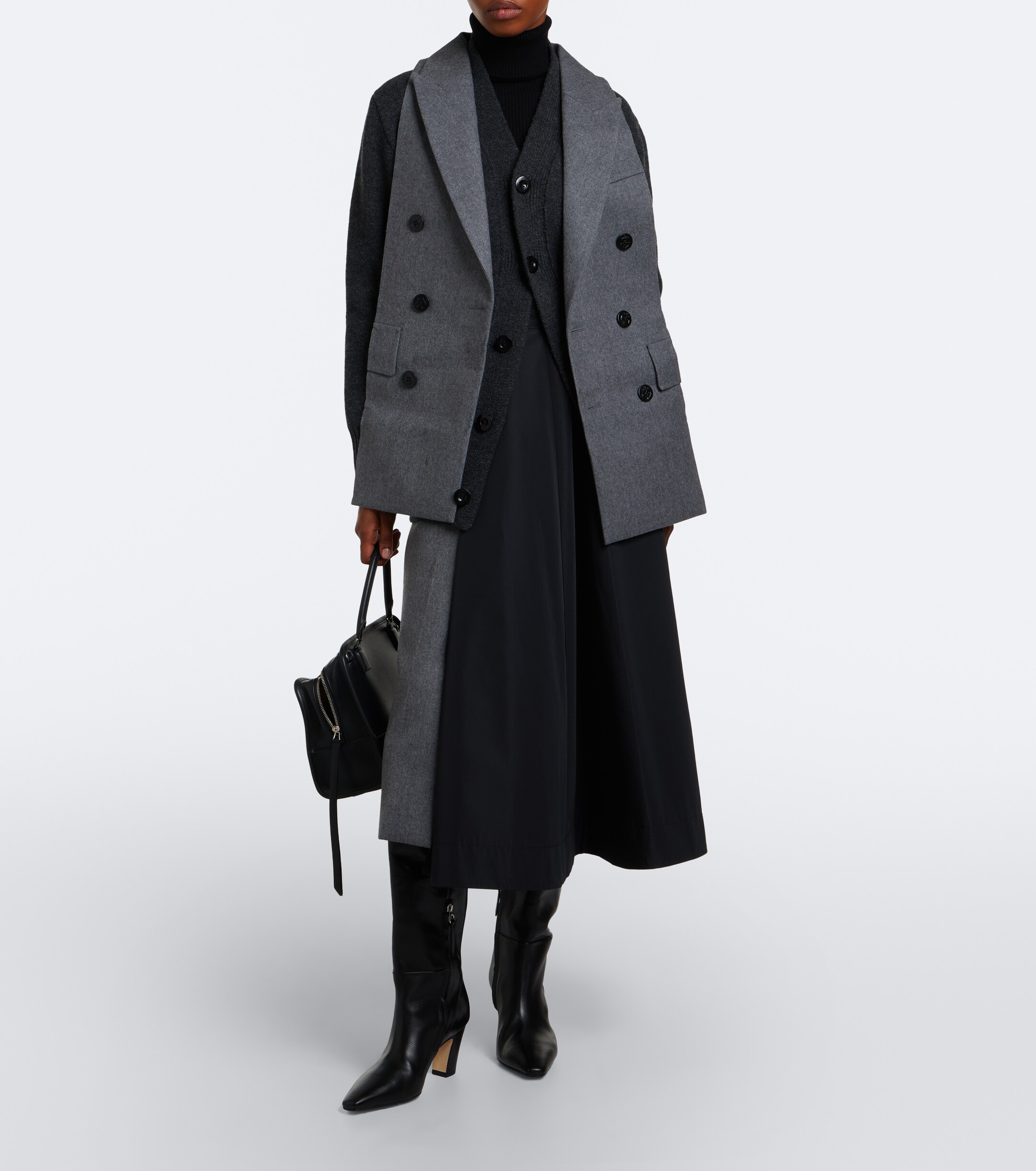 Sacai Sacai Paneled taffeta and wool flannel midi skirt