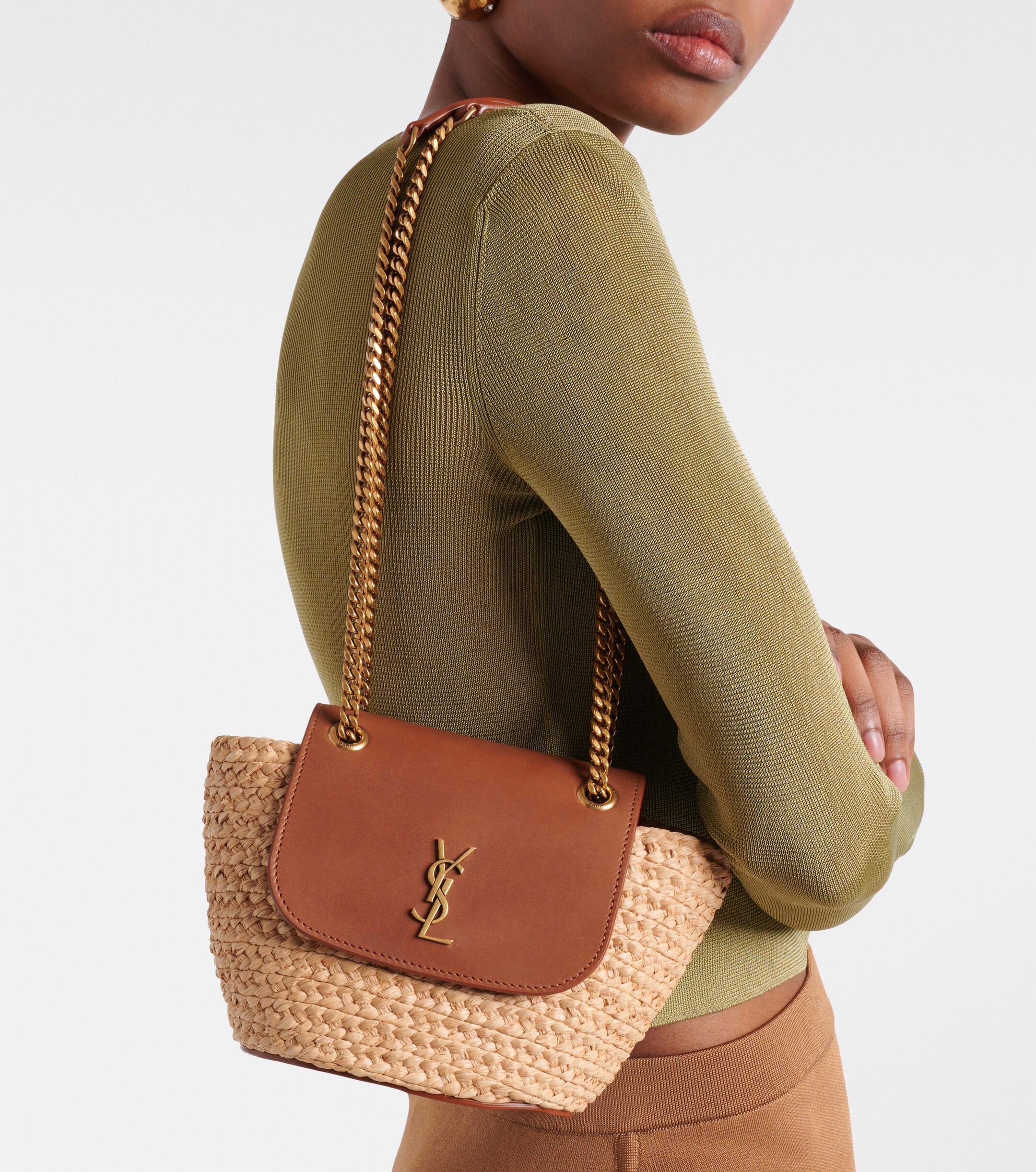 Saint Laurent Manon Mini raffia and leather shoulder bag