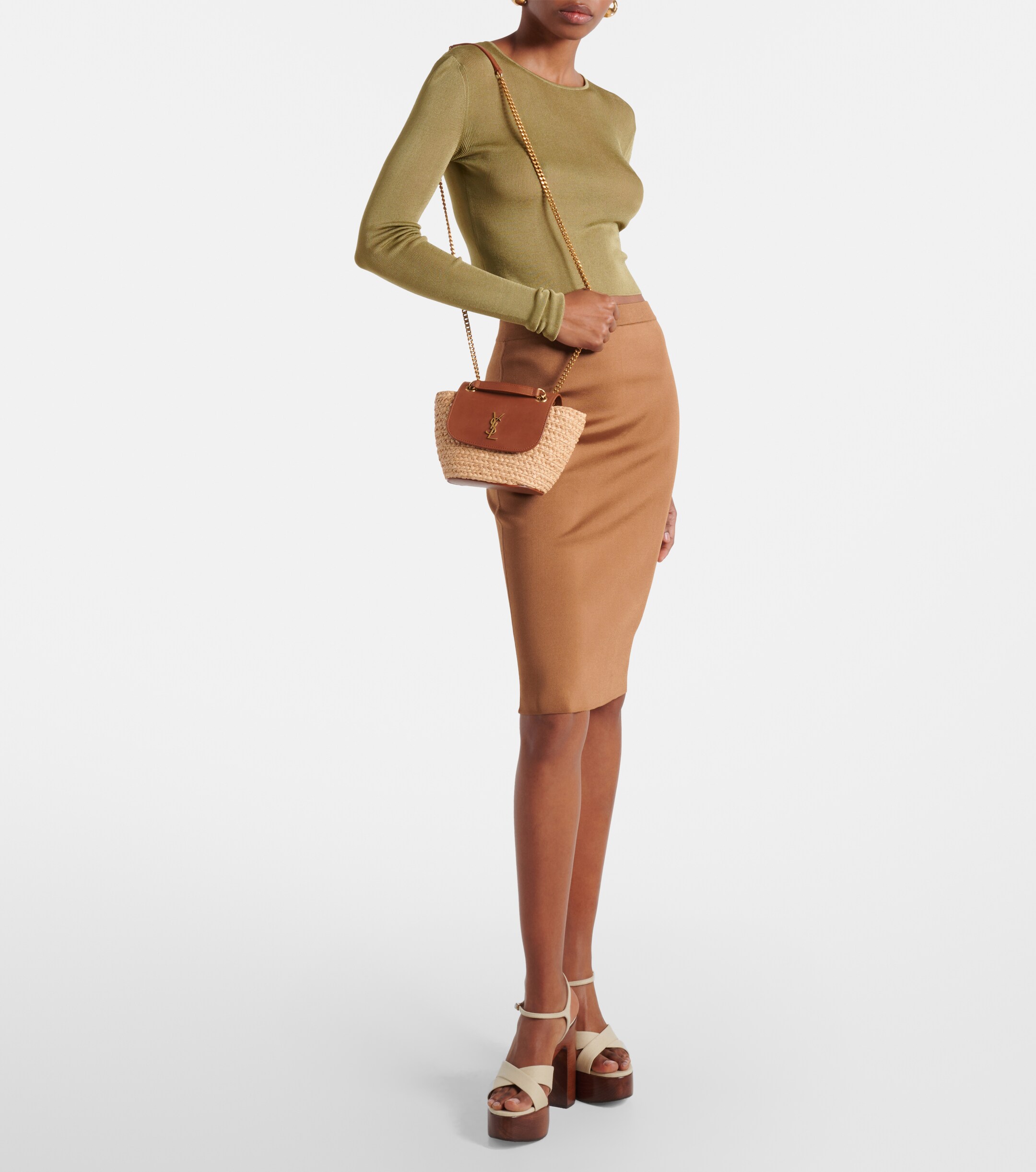 Saint Laurent Manon Mini raffia and leather shoulder bag