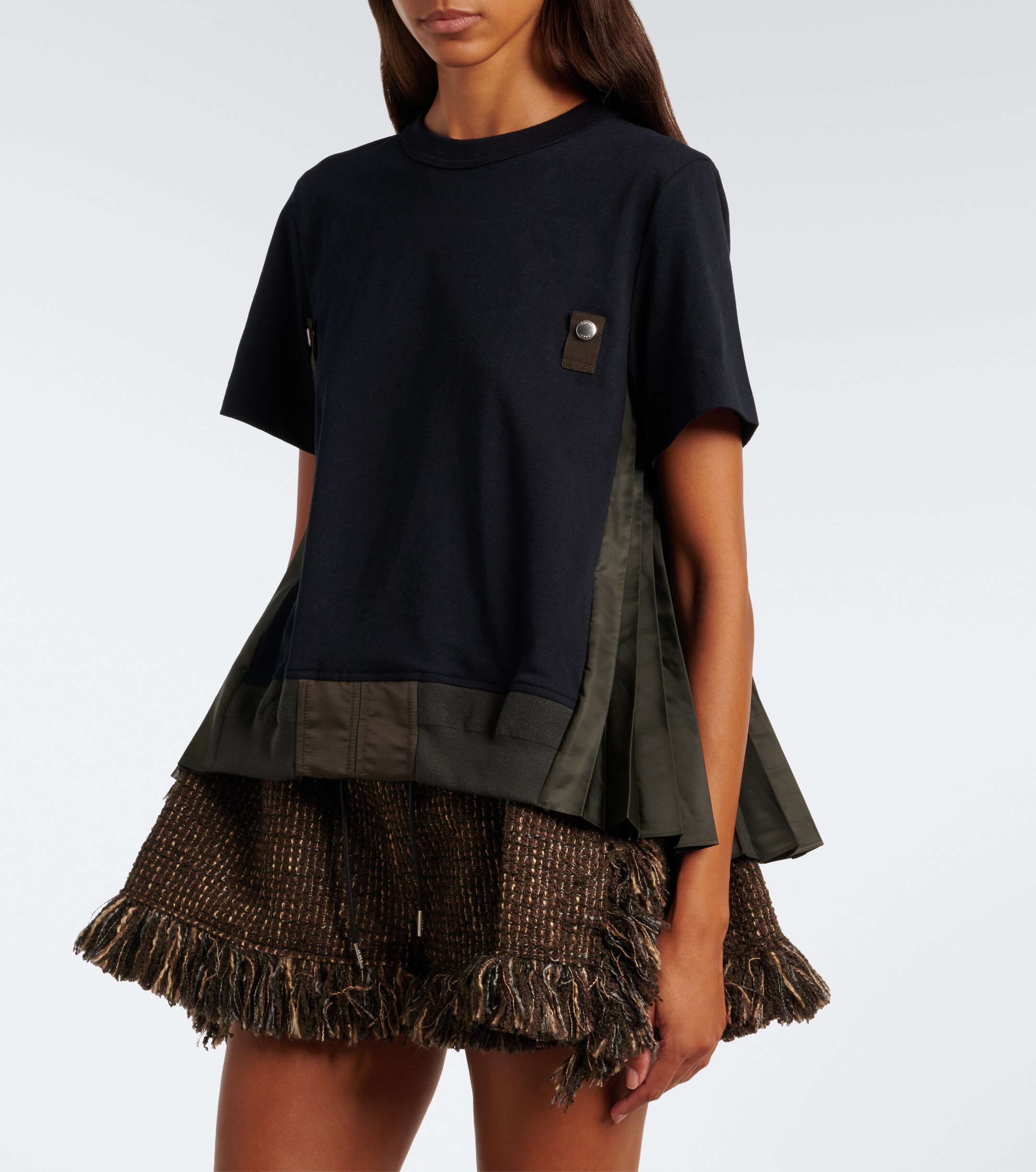Sacai Sacai Paneled plissé cotton jersey T-shirt