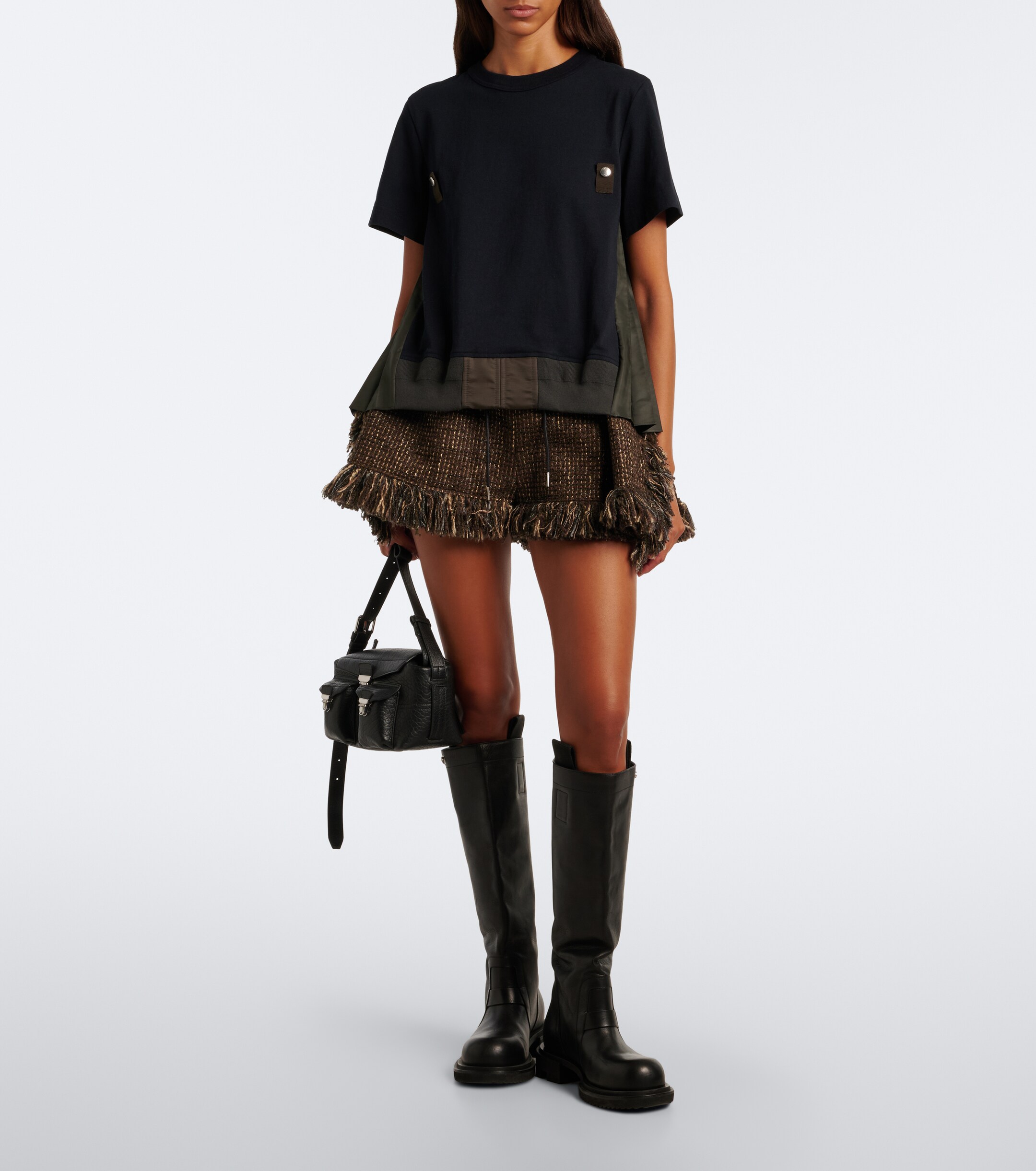 Sacai Sacai Paneled plissé cotton jersey T-shirt