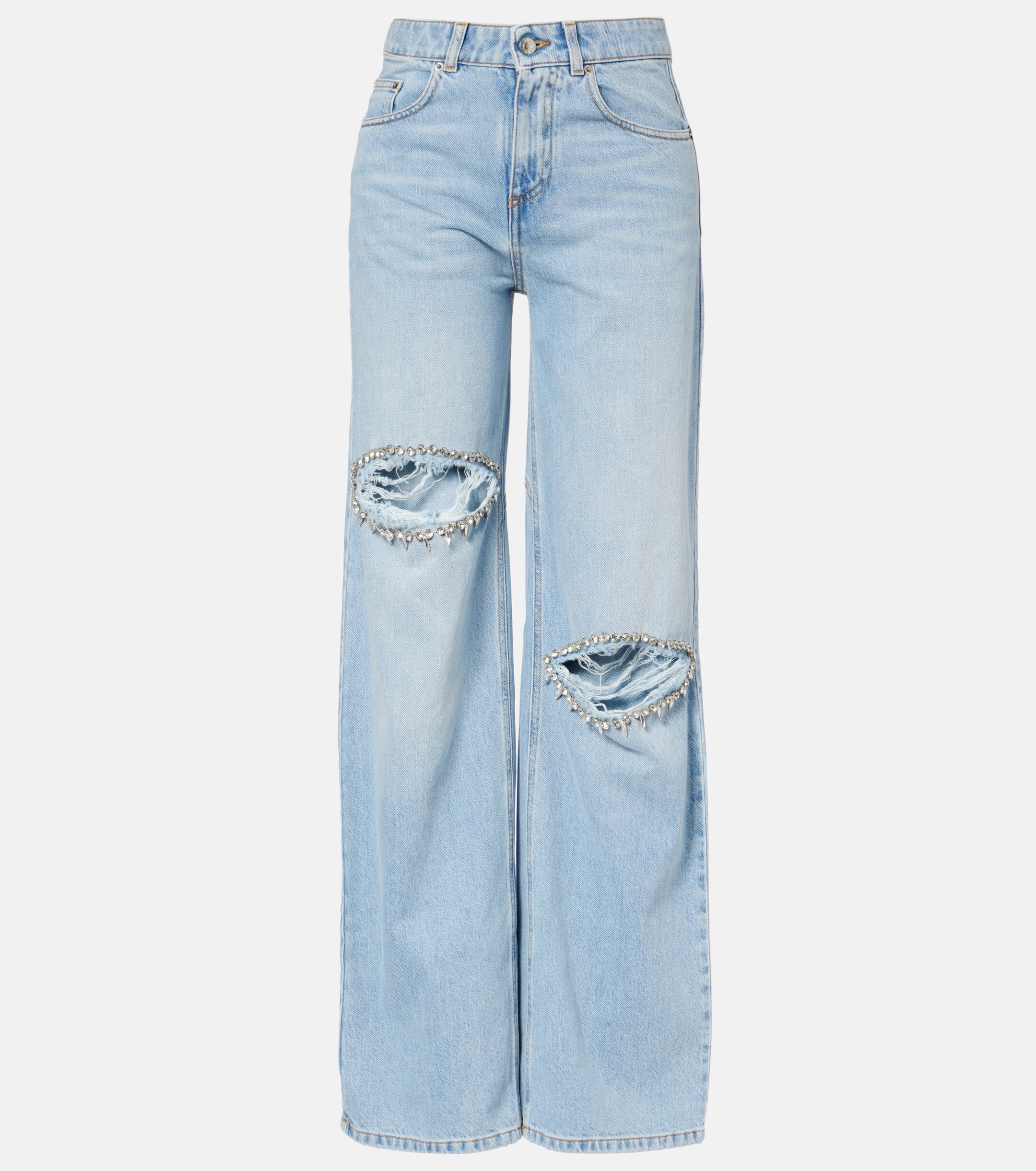 Area Distressed embellished wide-leg jeans
