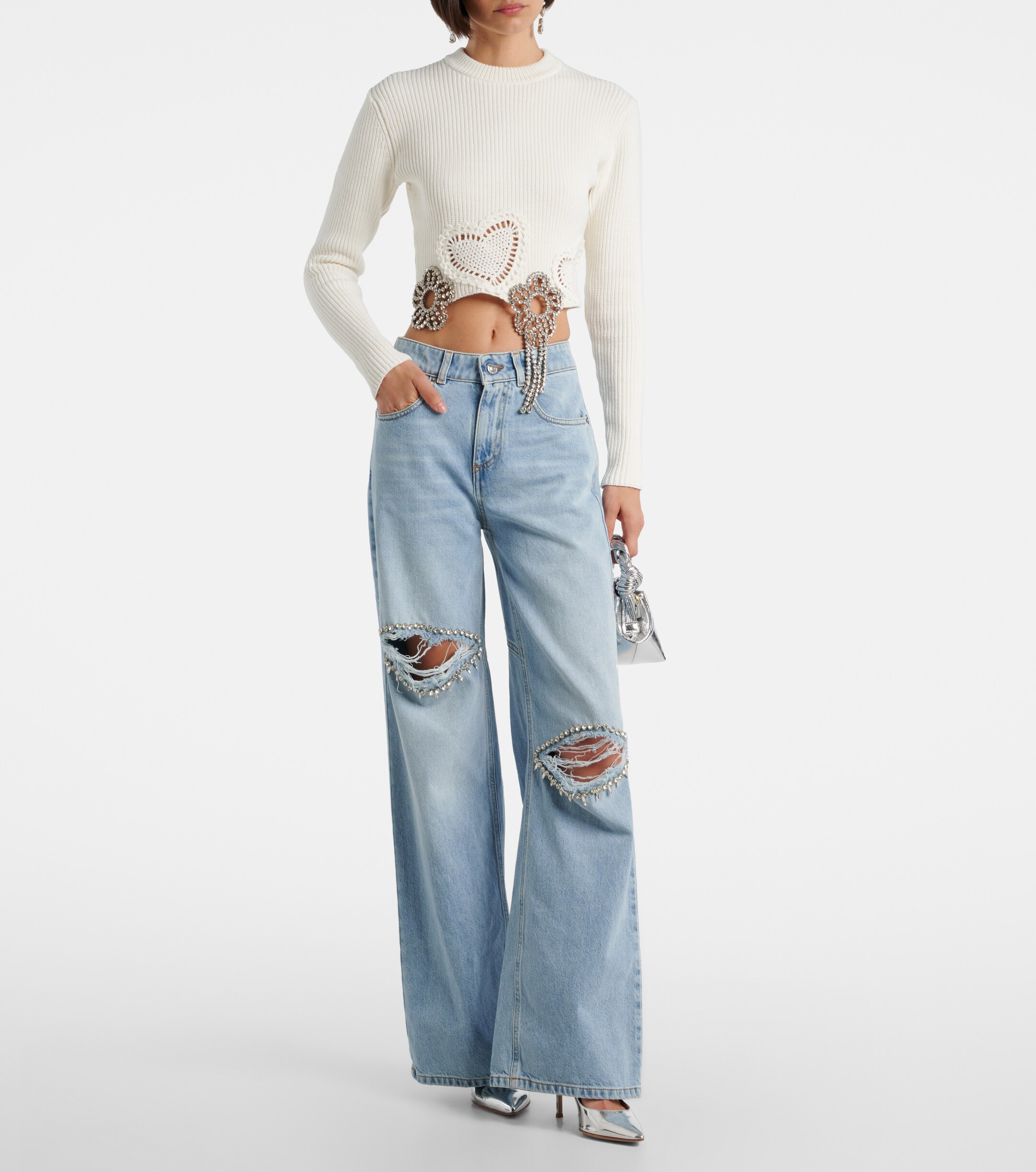 Area Distressed embellished wide-leg jeans