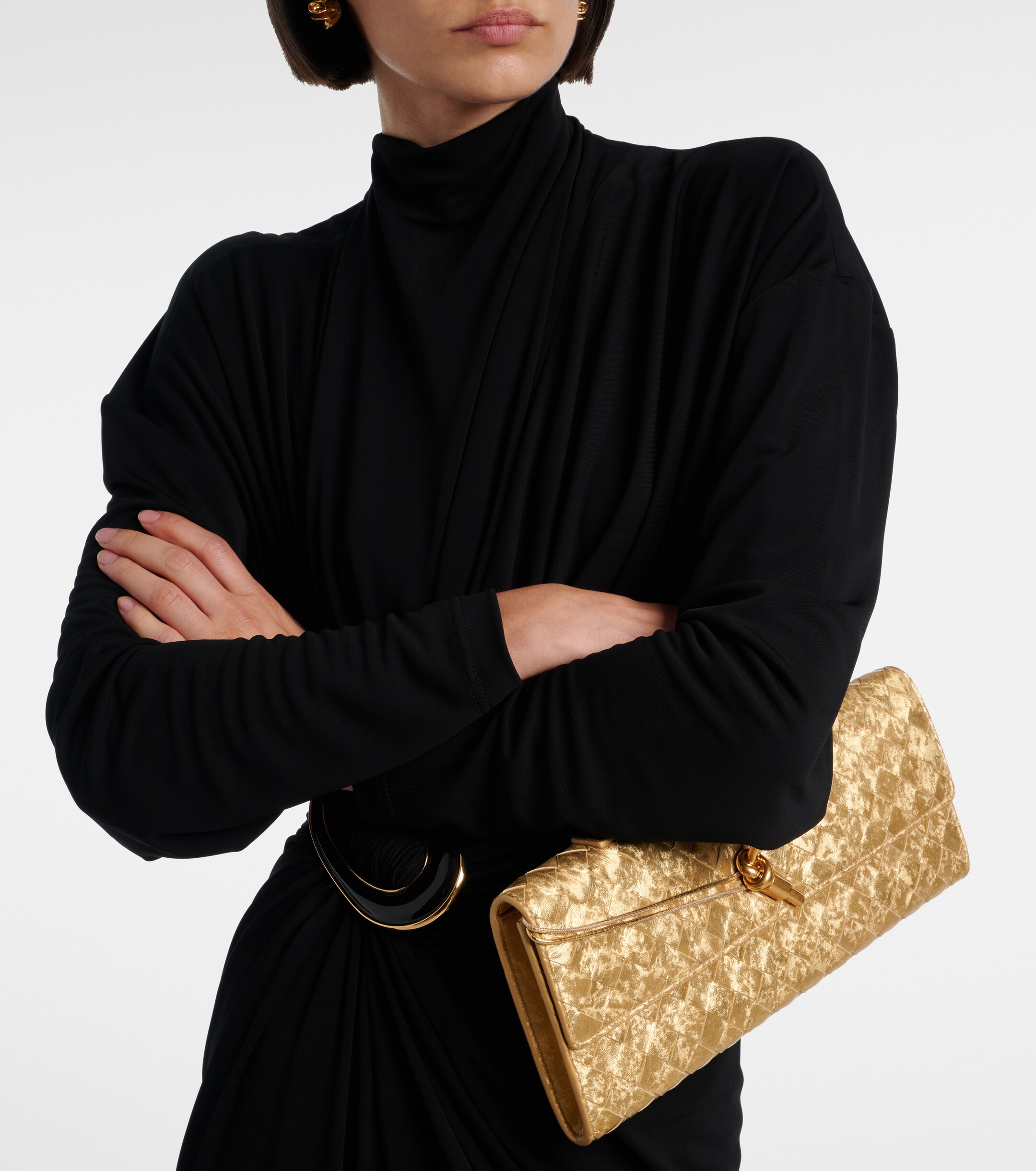 Bottega Veneta Andiamo Intrecciato metallic leather clutch