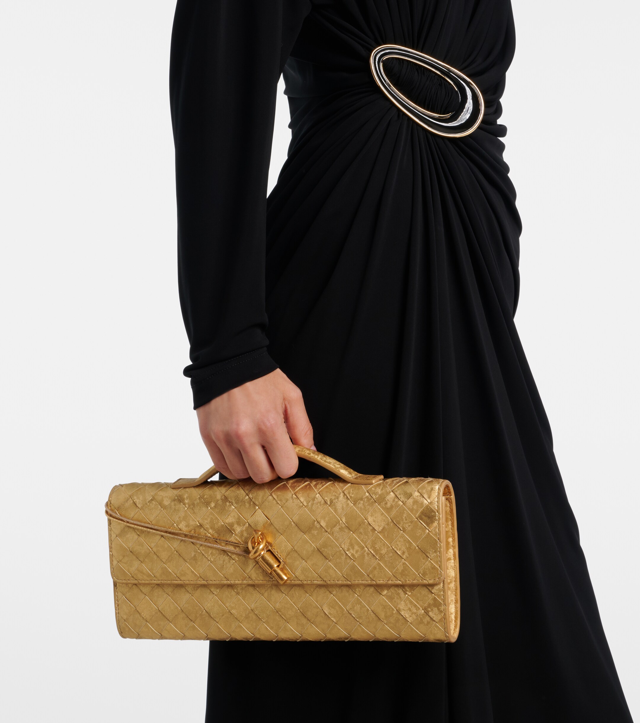 Bottega Veneta Andiamo Intrecciato metallic leather clutch