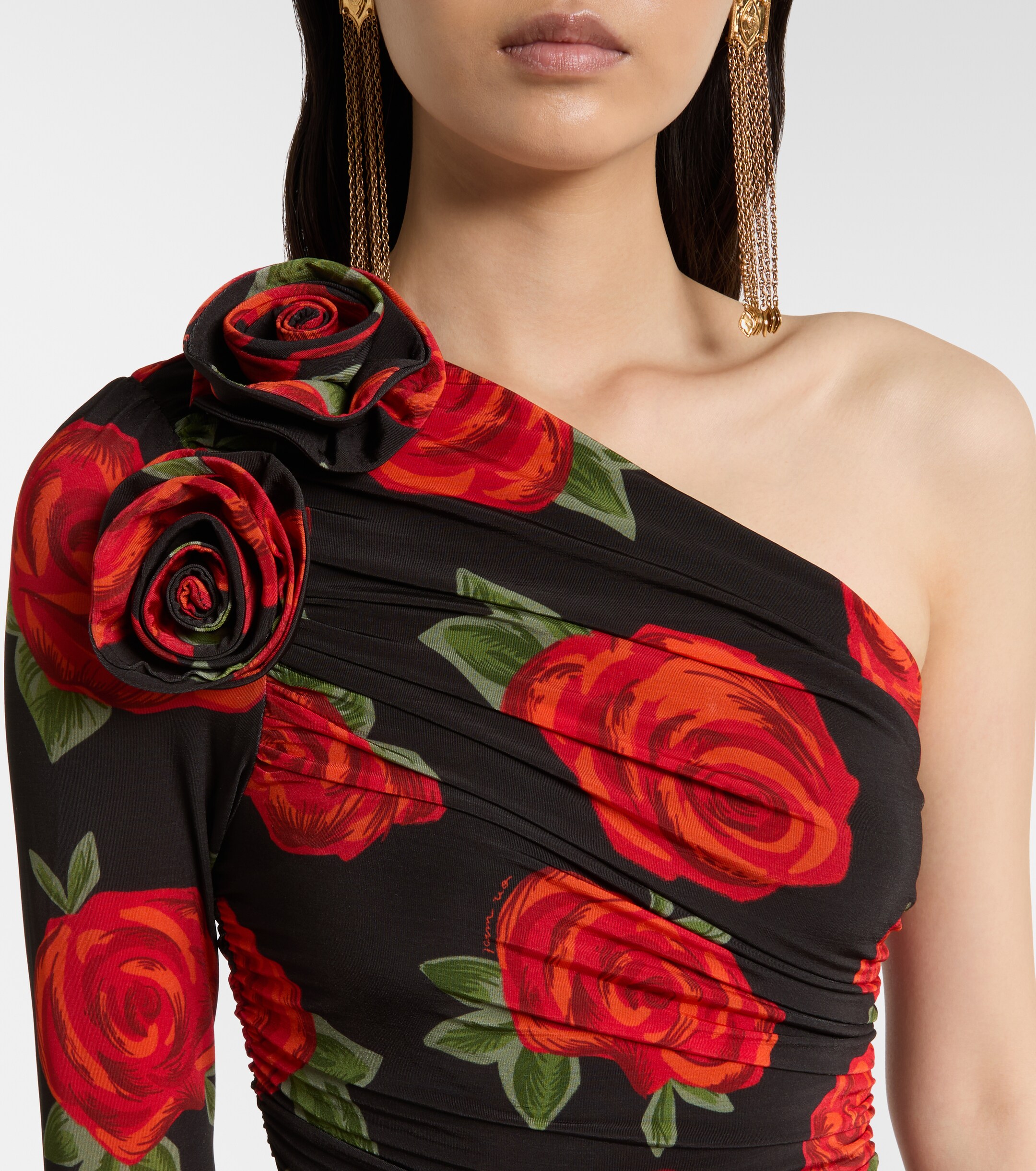 farm rio red one shoulder dress Farm Rio One-Shoulder Cutout Flower Dress