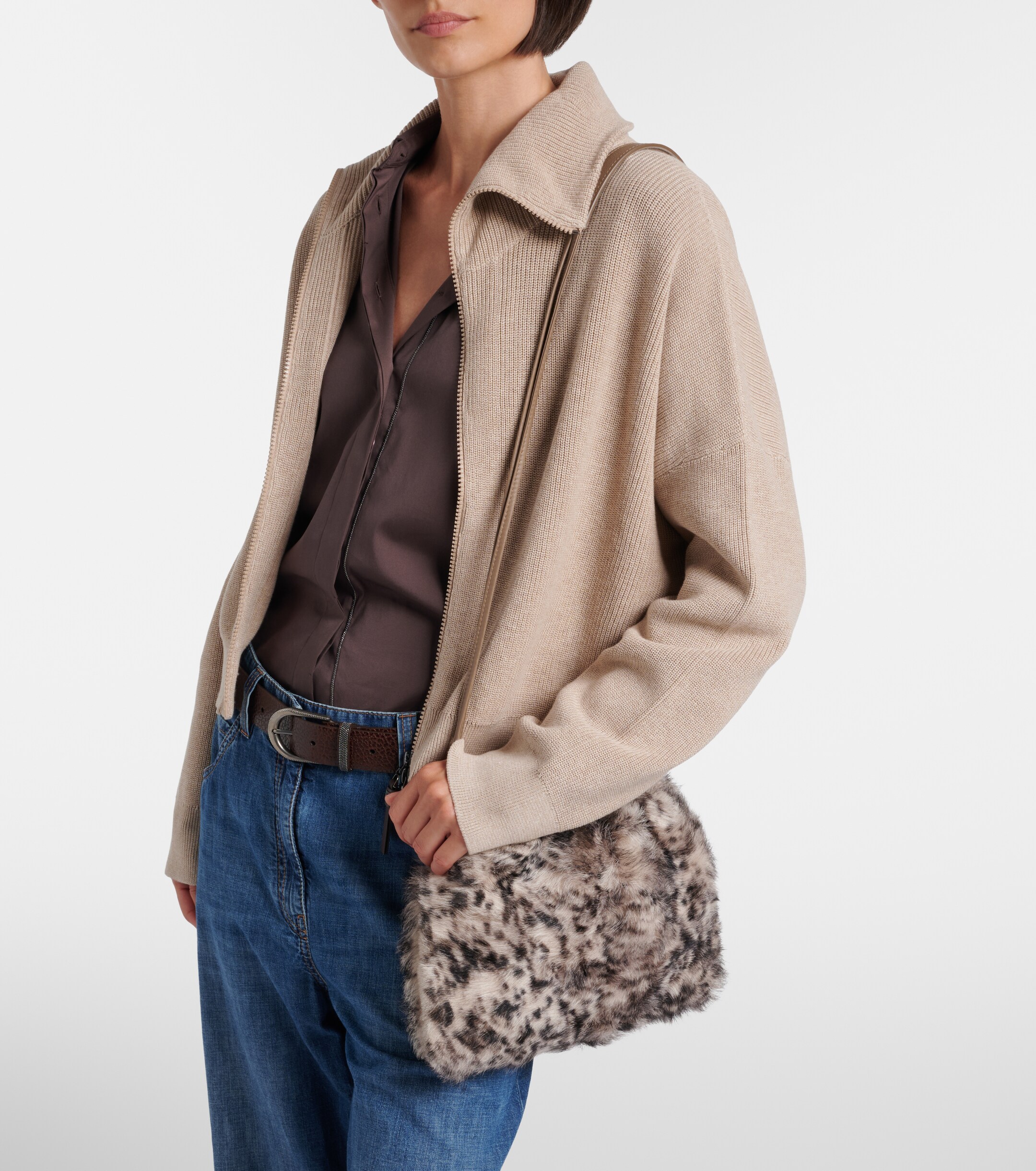 Brunello Cucinelli Mellow Small lynx-print shearling shoulder bag
