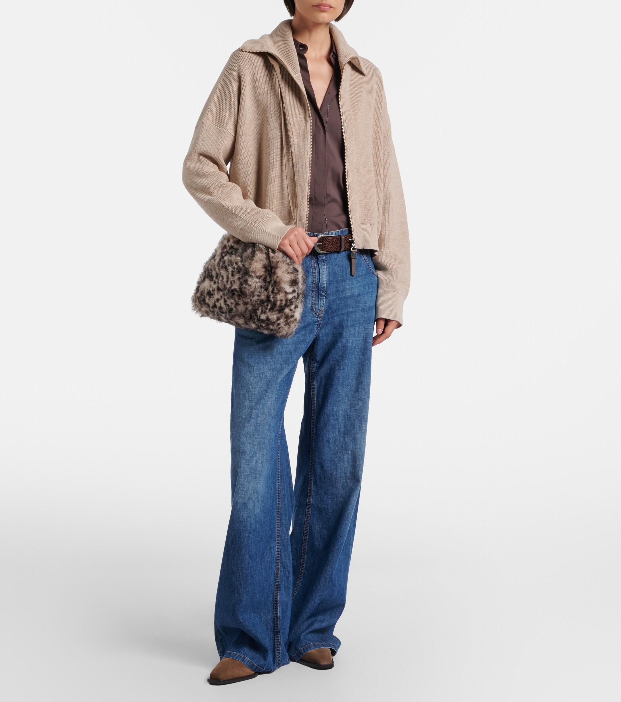 Brunello Cucinelli Mellow Small lynx-print shearling shoulder bag