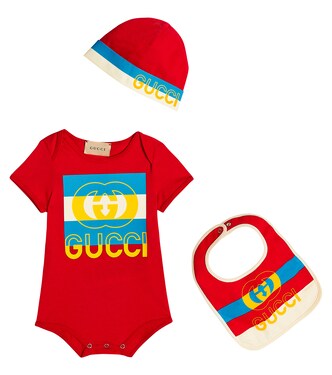 Baby cotton bodysuit, bib and hat set | Gucci Kids