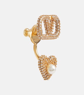 Einzelner Ohrring VLogo mit Kristallen und Zierperle in Gold 