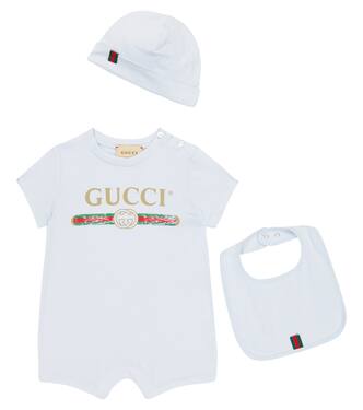Baby cotton bodysuit, bib and hat set | Gucci Kids