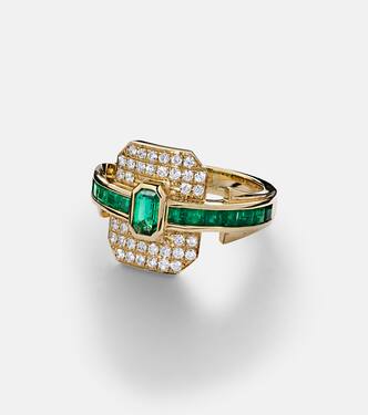 Shield 18kt gold ring with diamonds and emeralds | Rainbow K