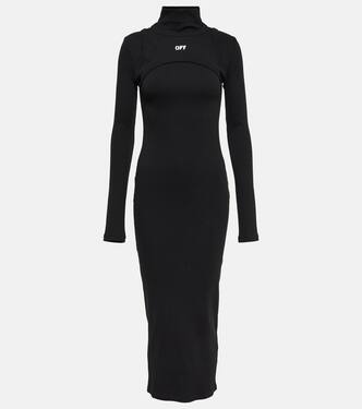 High-neck cotton-blend midi dress | Off-White