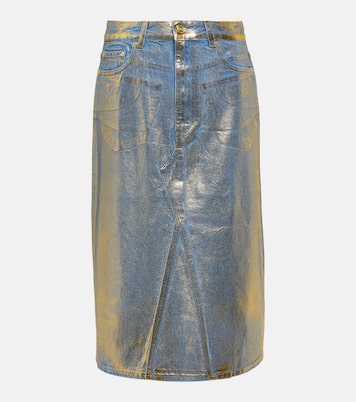 Gold-foiled denim midi skirt in gold - Ganni | Mytheresa