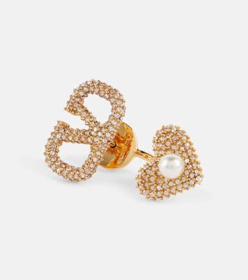 Einzelner Ohrring VLogo mit Kristallen und Zierperle in Gold  