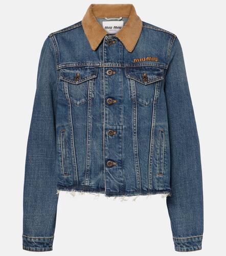 Logo distressed corduroy-trimmed denim jacket - Miu Miu - Modalova