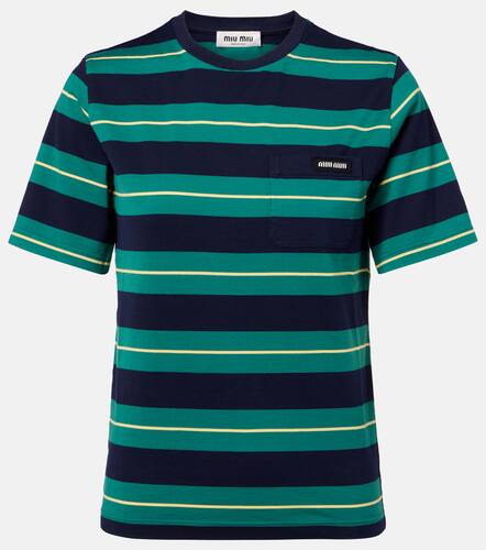 T-shirt in jersey di cotone a righe con logo - Miu Miu - Modalova