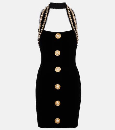 Faux pearl-embellished velvet minidress - Balmain - Modalova