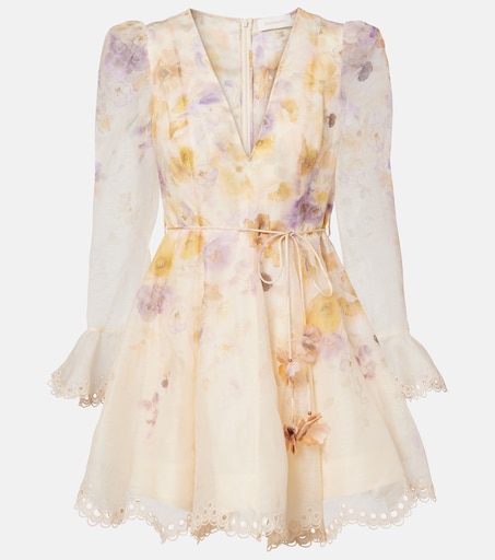 knee length dresses for ladies Zimmermann The Linen Day Mini Dress in Olive Toile Print