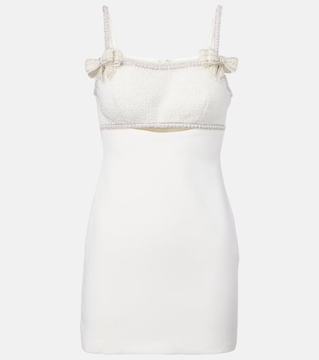 Faux pearl-embellished crêpe minidress in white - Self