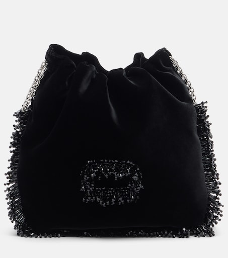 Pilgrim Mini beaded velvet bucket bag in black - Roger Vivier