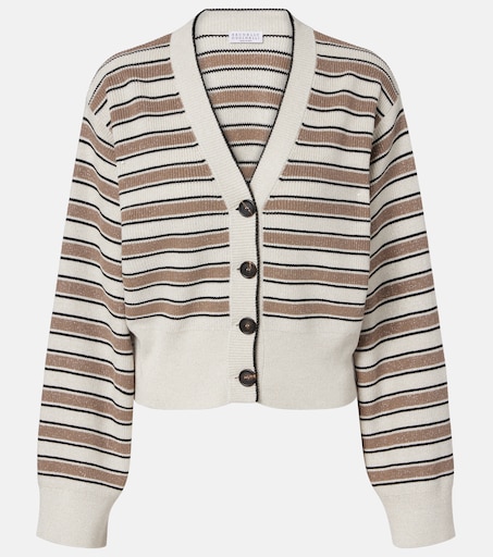 BRUNELLO CUCINELLI カシュクールデザイン リネンカーディガン Striped cotton-blend cardigan in multicoloured - Brunello