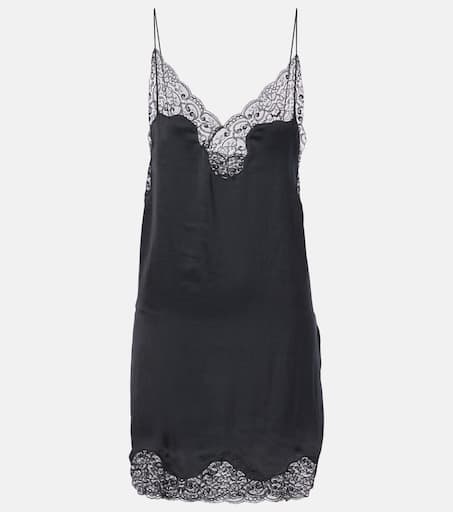 Lace-trimmed satin slip dress in black - Saint Laurent