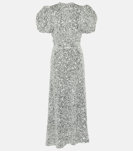 Puff-sleeve sequined midi dress in silver - Rotate | Mytheresa