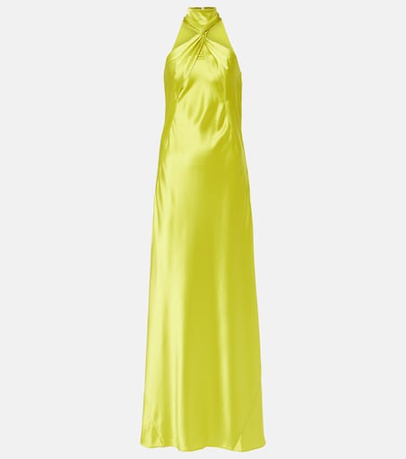 slim fit dress slacks EMMA HALTER SLIT SATIN MERMAID MAXI DRESS IN GREEN – Bella Galvan main image 0