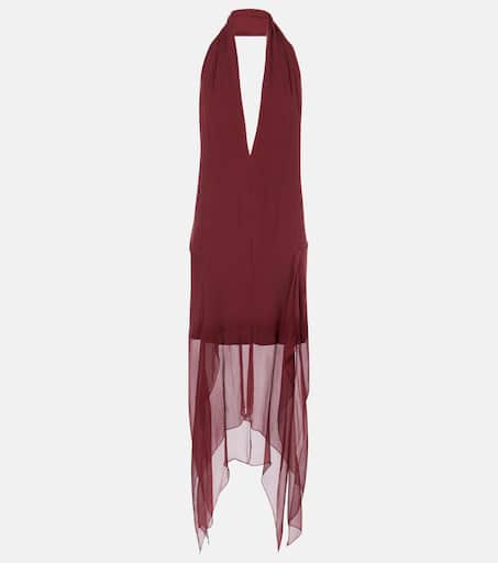 Asymmetric silk georgette minidress in burgundy - Ferragamo