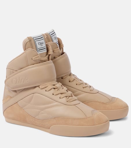 Kick suede-trimmed leather high-top sneakers in beige