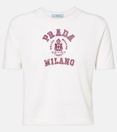 Logo cropped cashmere T-shirt in white - Prada | Mytheresa