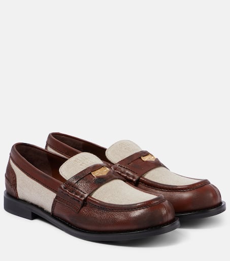 Logo leather-trimmed loafers in beige - Miu Miu | Mytheresa