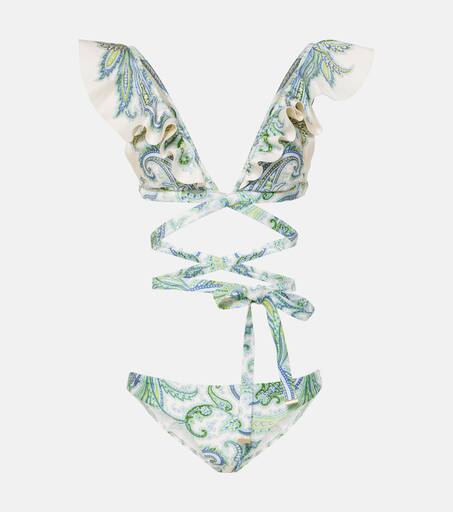【Zimmermann 】Ottie フリル グリーン系ペイズリー ビキニ 水着 Zimmermann Ottie Wrap Ruffle Bikini in Green Paisley | REVOLVE