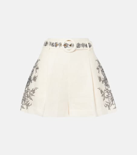 Belted floral linen shorts in white - Zimmermann | Mytheresa
