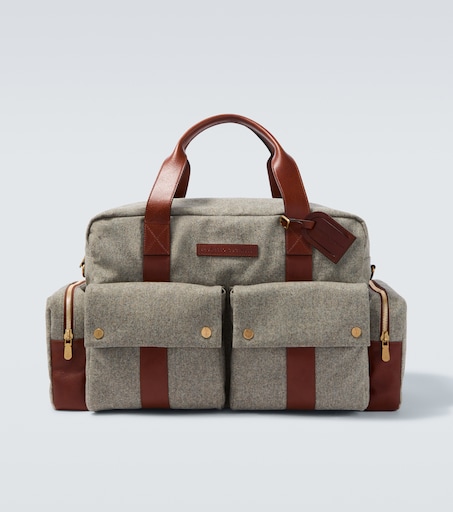 Leather-trimmed flannel duffel bag in grey - Brunello Cucinelli