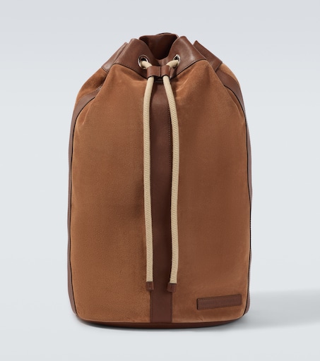 Leather-trimmed suede backpack in brown - Brunello Cucinelli  display picture 3