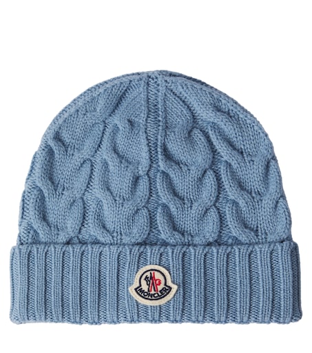 Logo cable-knit virgin wool beanie in blue - Moncler Enfant