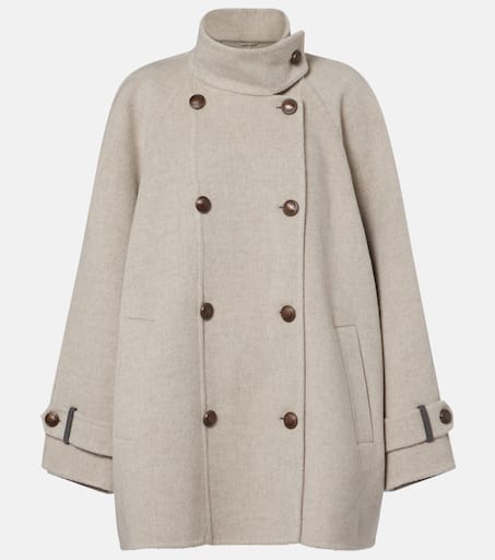 Double-breasted wool and cashmere coat in beige - Brunello
