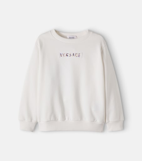 Logo beaded cotton jersey sweatshirt in white - Versace Kids 
