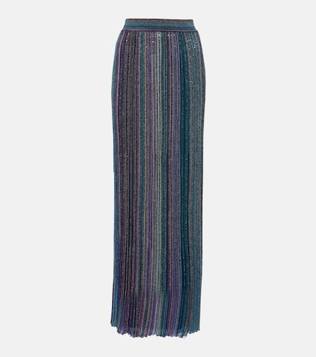 Striped ribbed-knit lamé maxi skirt in multicoloured