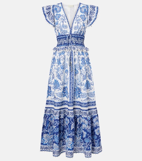 farm rio soft garden blue flower maxi dress Navy Floral Flocked Mesh Long Sleeve Midi Dress – PinkBlush main image 1
