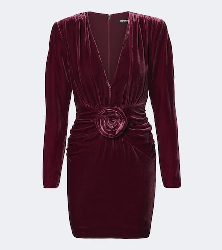 Floral-appliqué draped velvet minidress