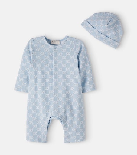 Baby GG cotton piqué onesie and beanie set in blue - Gucci Kids