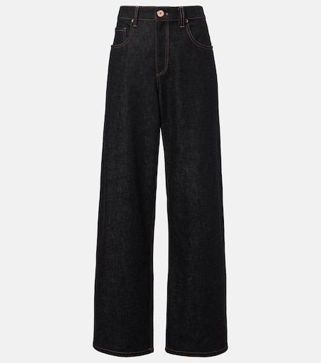 Leather-trimmed wide-leg jeans in black - Brunello Cucinelli